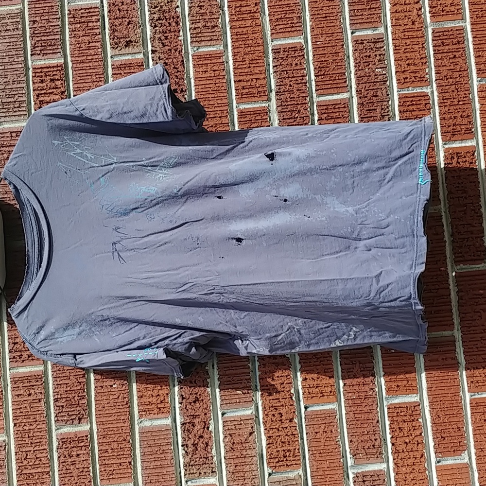 Vintage destroyed Project E t-shirt, Faded Blue, supima cotton size M